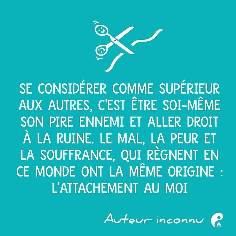 Se considérer comme supérieur aux autres, c'est être soi-même son pire ennemi et aller droit à la ruine. Le mal, la peur et la souffrance, qui règnent en ce monde ont la même origine : l'attachement au MOI. (Dalaï-lama)