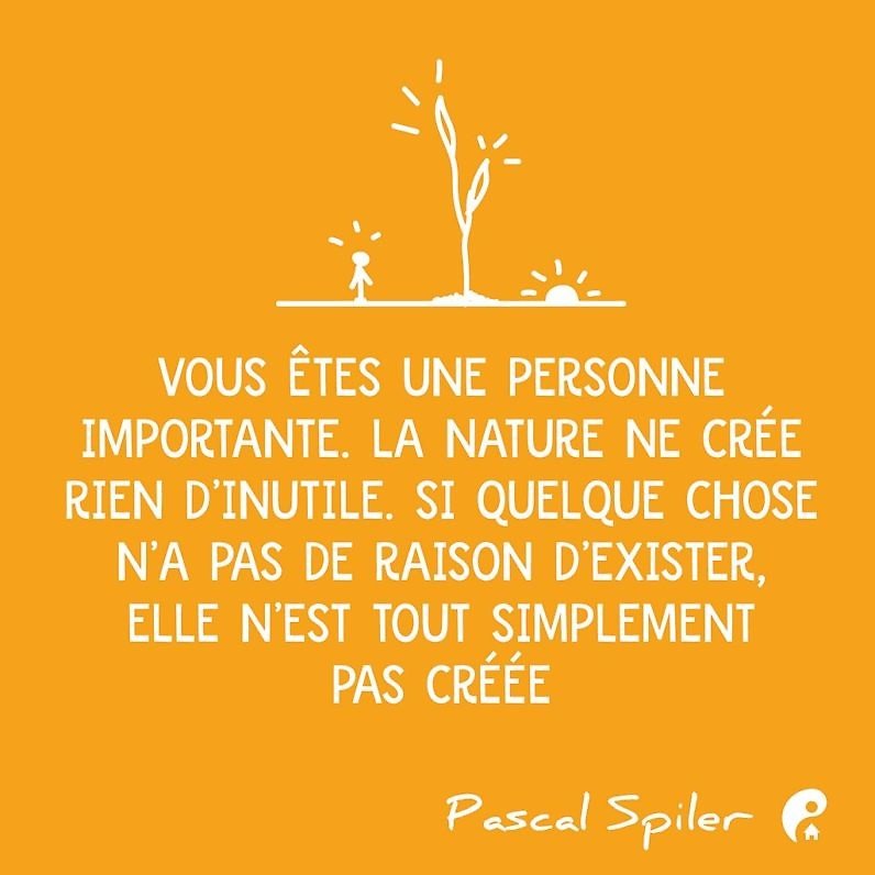 Vous êtes une personne importante. La nature ne crée rien d’inutile. Si quelque chose n’a pas de raison d’exister, elle n’est tout simplement pas créée. (Pascal Spiler)