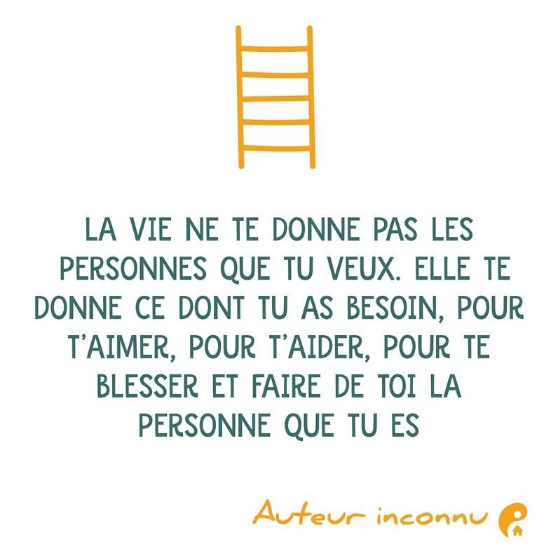 La vie ne te donne pas les personnes que tu veux. Elle te donne ce dont tu as besoin, pour t'aimer, pour t'aider, pour te blesser et faire de toi la personne que tu es.